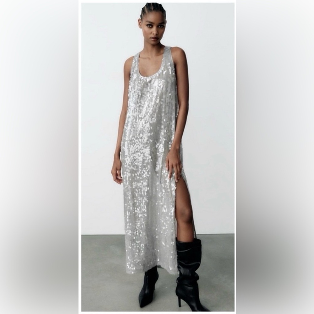 Zara NWT Silver Sequinned Side Slit Scoop Neck Maxi Dress Size Medium